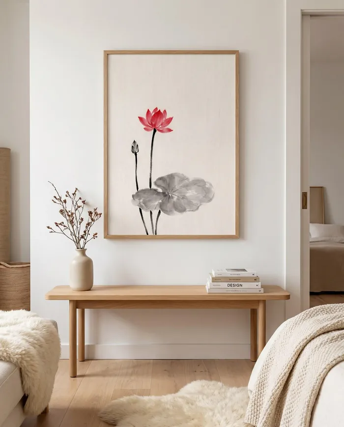 Botanical Wall Art | Red Two Lotus Flowers Sumi-e Ink Print | Black and White Zen Decor | Digital Download