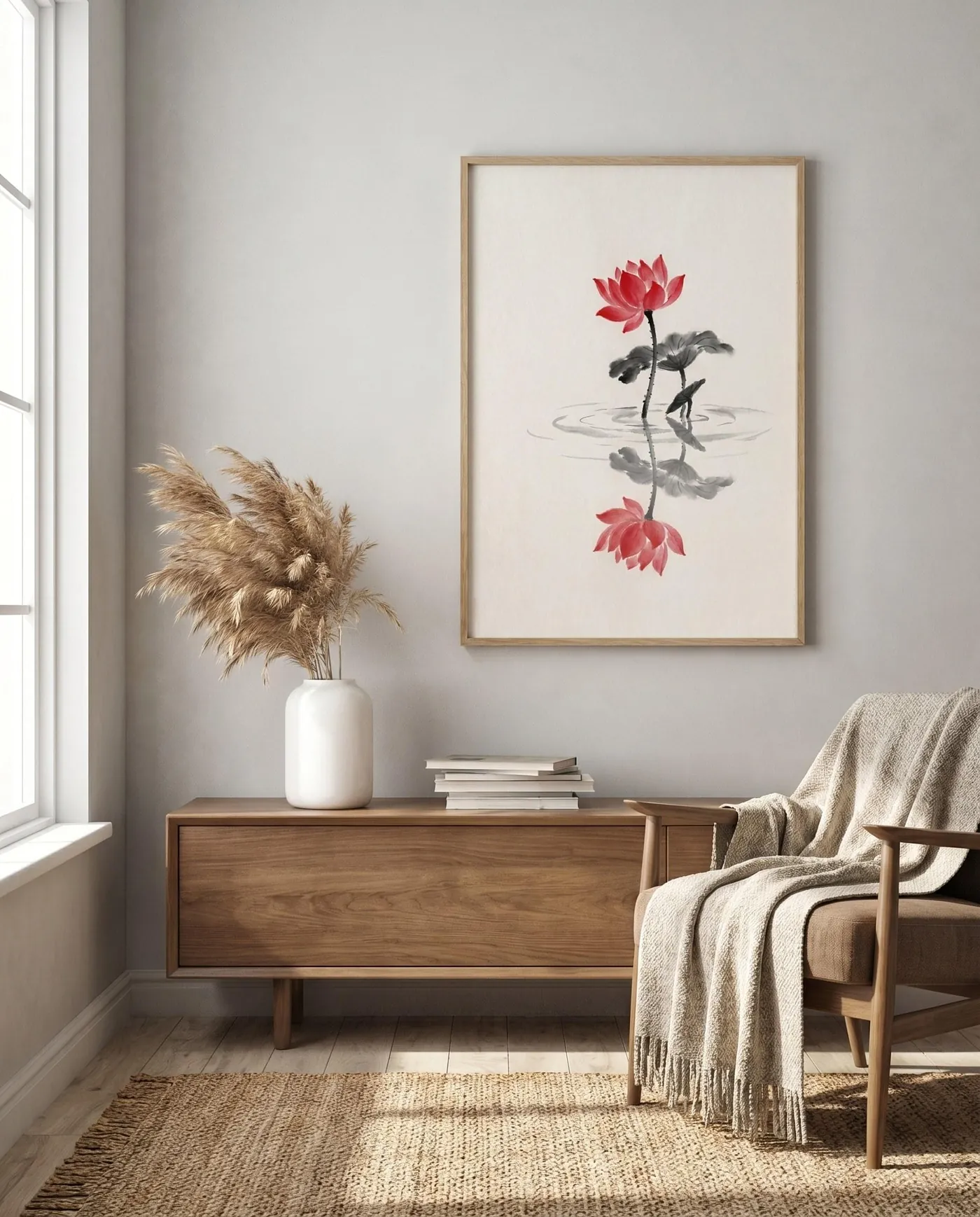 Botanical Wall Art | Red Japandi Lotus Reflection Sumi-e Ink Print | Black and White Zen Decor | Digital Download