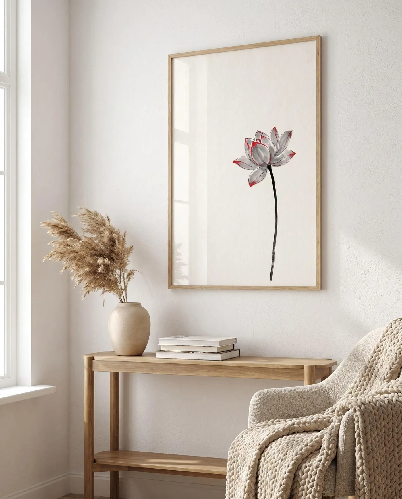 Botanical Wall Art | Red Single Lotus Flower Sumi-e Ink Print | Black and White Zen Decor | Digital Download