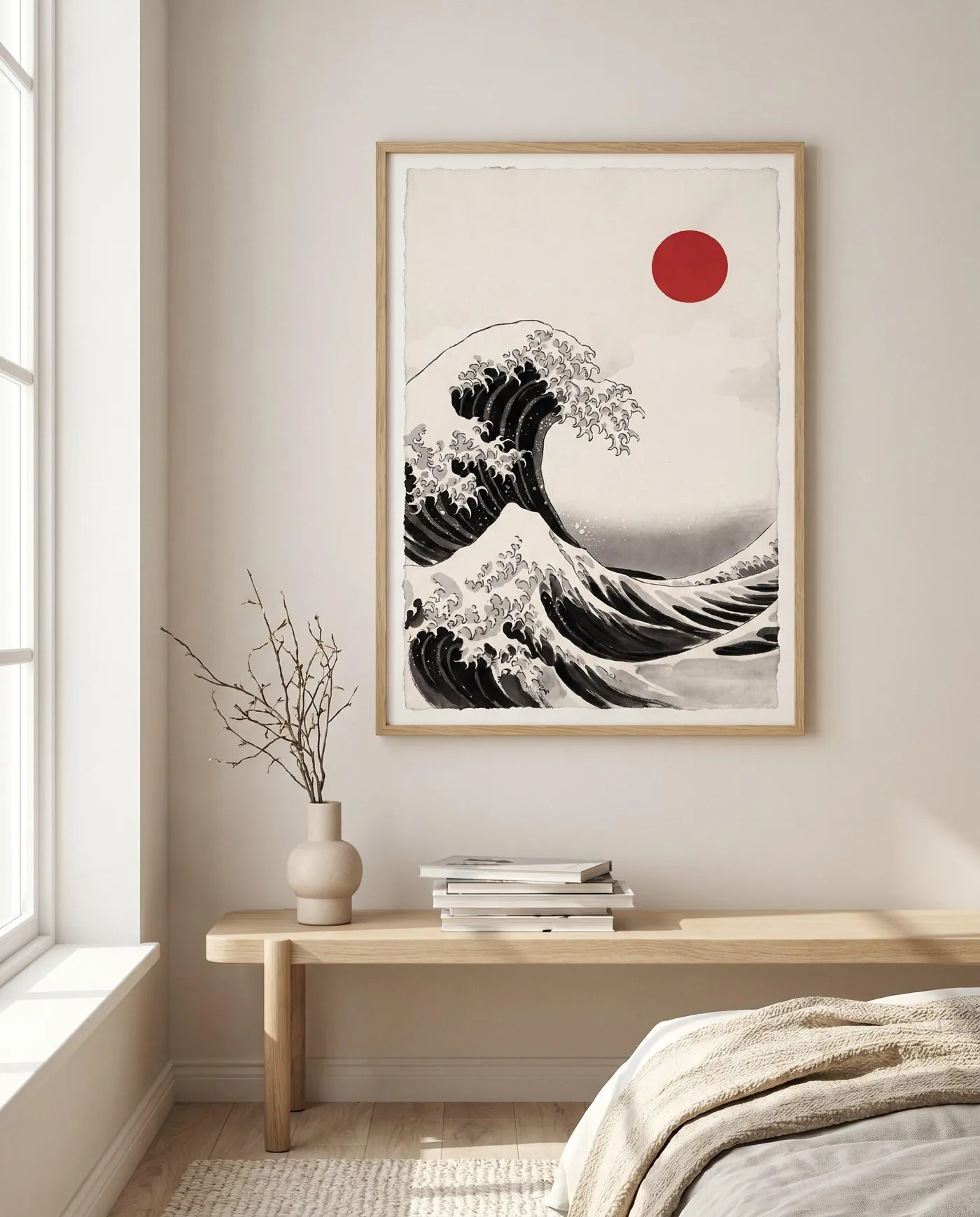 Japanese Landscape Art | Wave Red Sun Sumi-e Ink Print | Black and White Zen Decor | Digital Download | Printable Wall Art