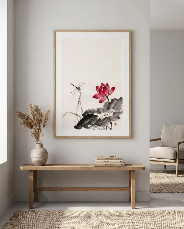 Japanese Dragon Wall Art | Japandi Lotus Dragonfly Sumi-e Ink Print | Black and White Zen Decor | Digital Download
