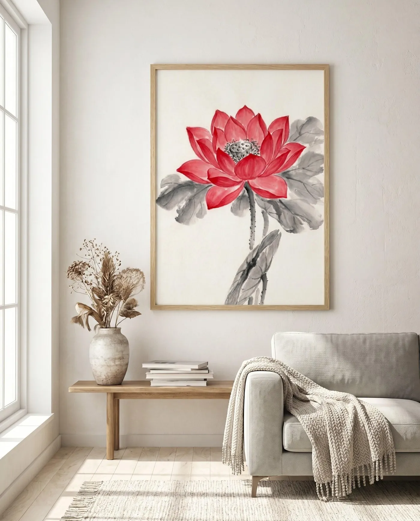Botanical Wall Art | Red Japandi Open Lotus Sumi-e Ink Print | Black and White Zen Decor | Digital Download