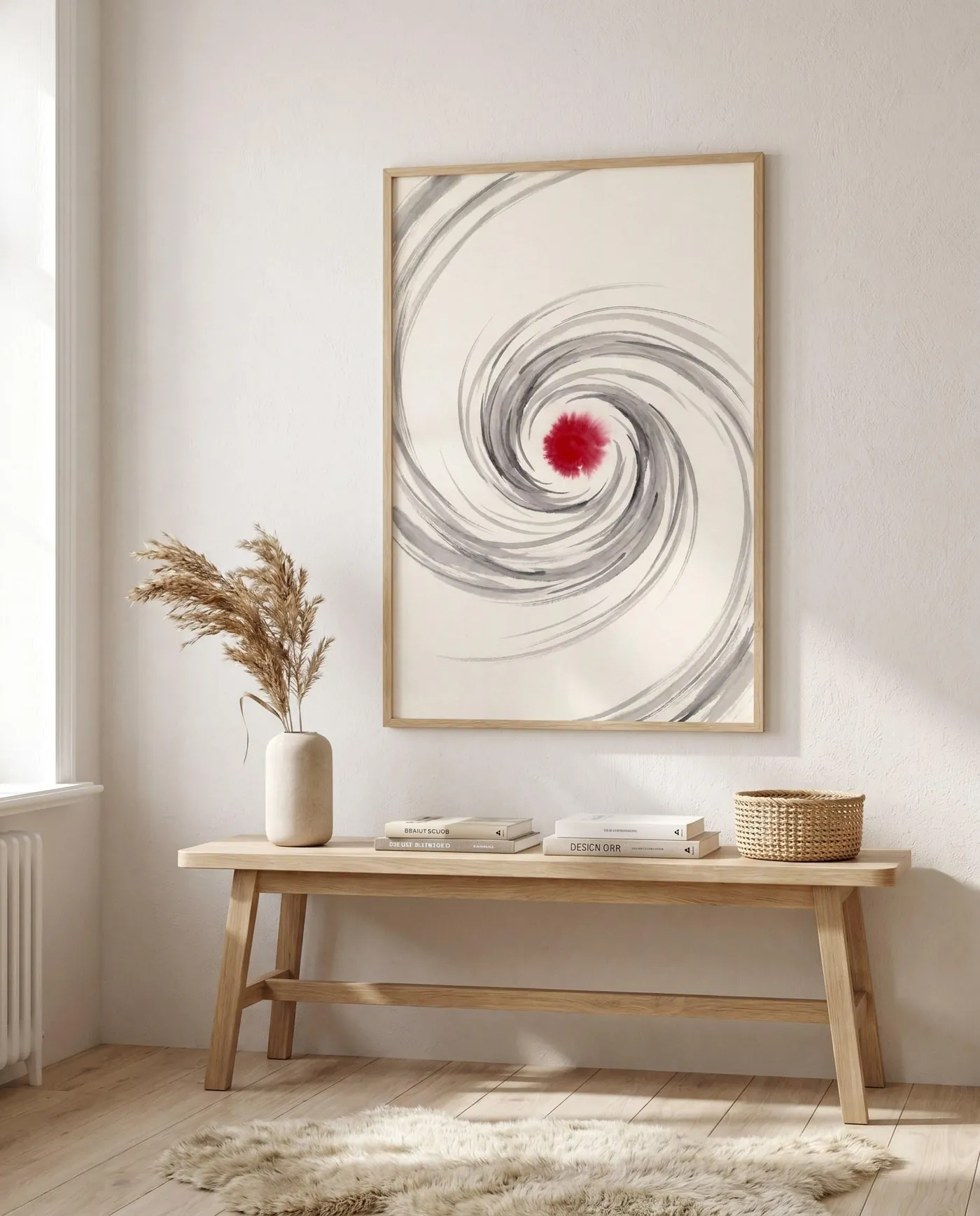 Japanese Wall Art | Red Japandi Whirlpool Sumi-e Ink Print | Black and White Zen Decor | Digital Download