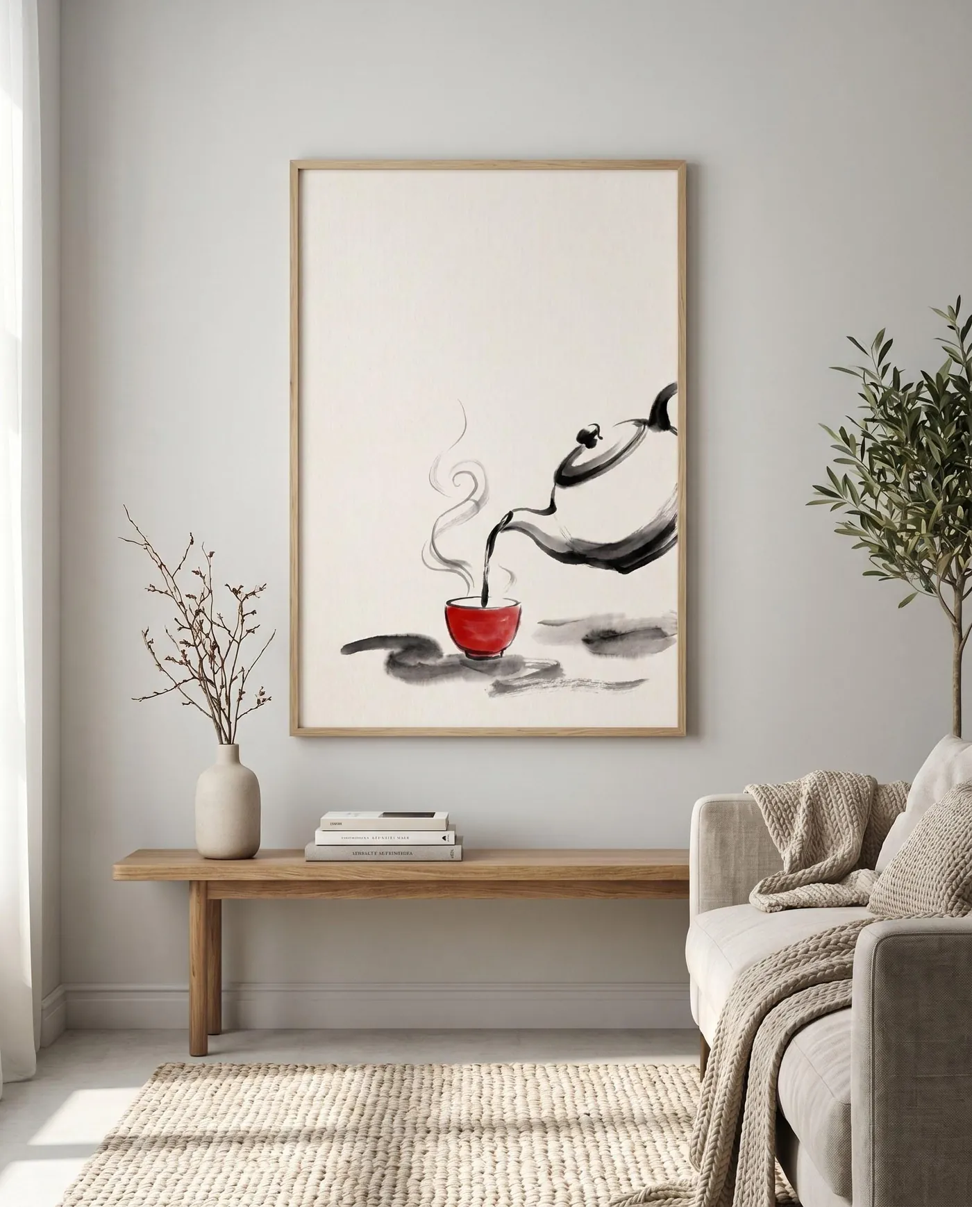 Japanese Wall Art | Red Tea Cup Steam Sumi-e Ink Print | Black and White Zen Decor | Digital Download | Printable Wall Art