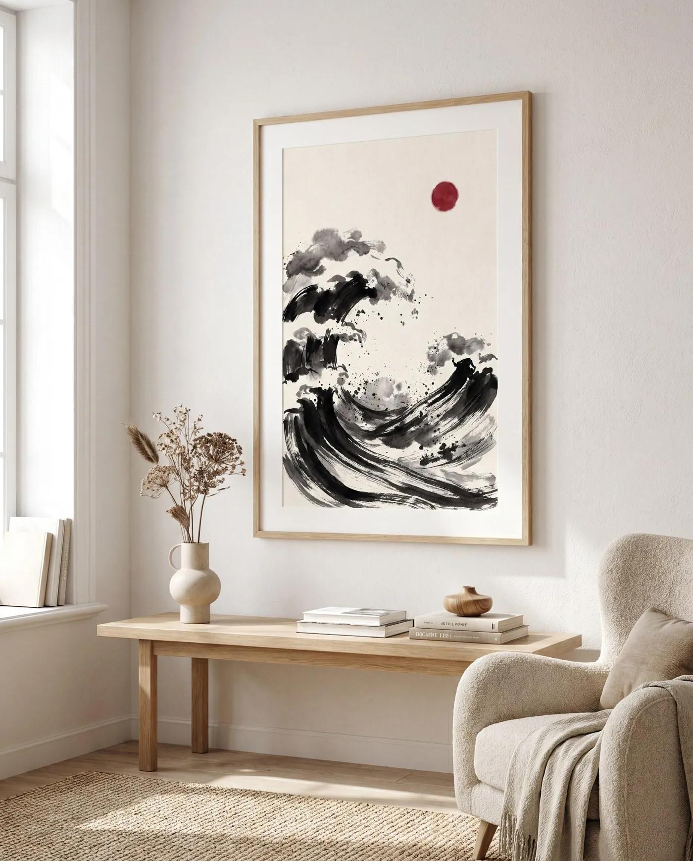 Japanese Landscape Art | Coastal Stormy Waves Red Sumi-e Ink Print | Black and White Zen Decor | Digital Download