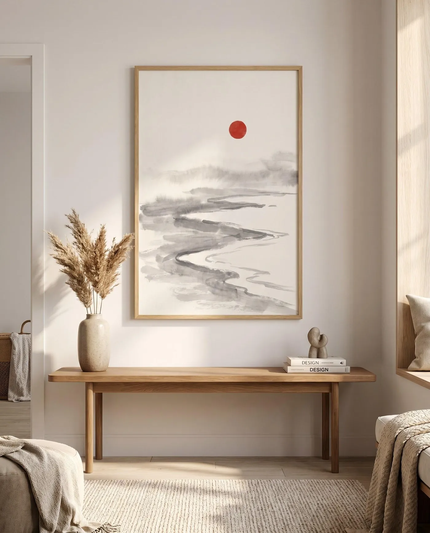 Japanese Landscape Art | Coastal Tide Lines Red Sumi-e Ink Print | Black and White Zen Decor | Digital Download