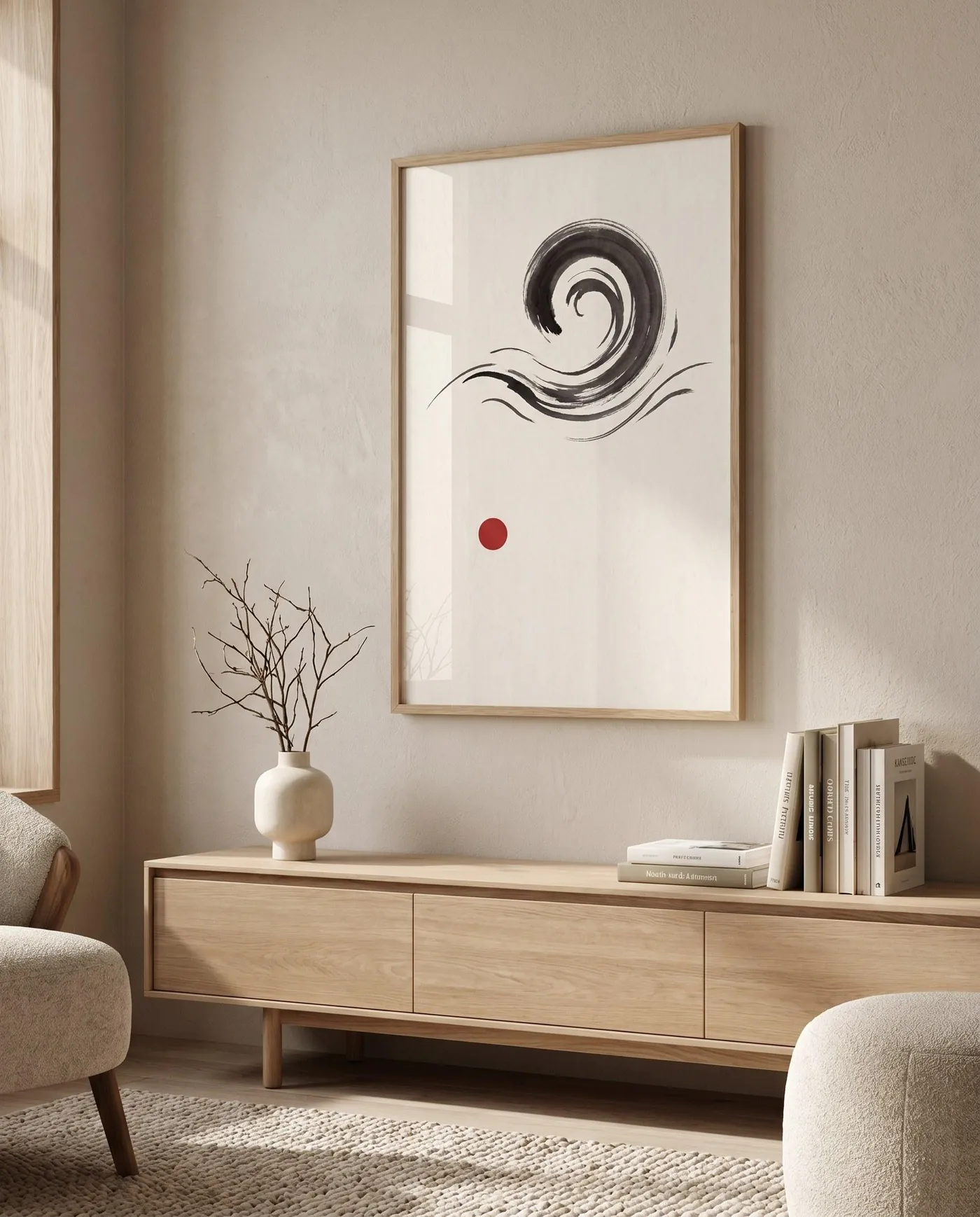 Japanese Wall Art | Red Water Swirl Sumi-e Ink Print | Black and White Zen Decor | Digital Download | Printable Wall Art