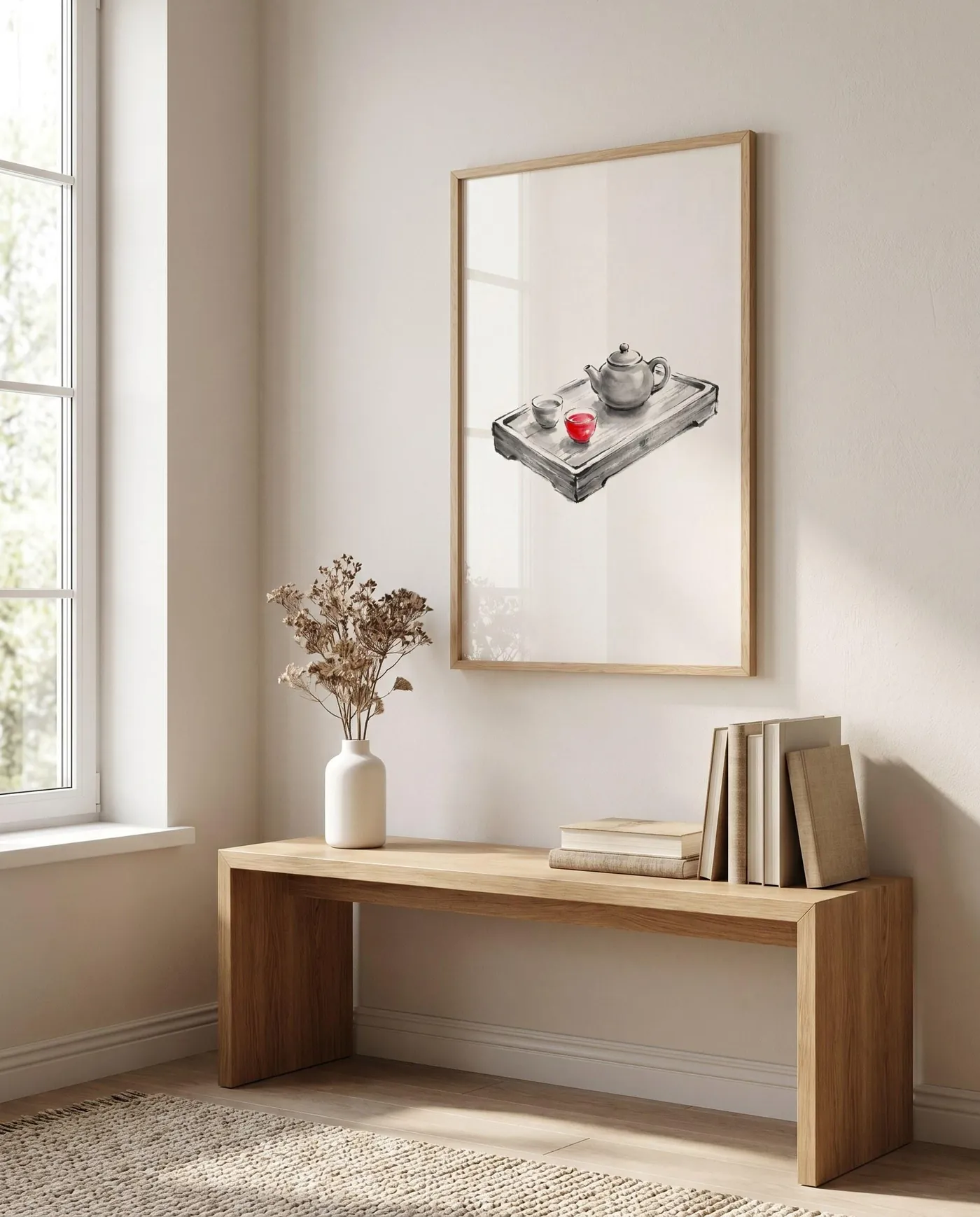 Japanese Wall Art | Japandi Tea Tray Sumi-e Ink Print | Black and White Zen Decor | Digital Download | Printable Wall Art