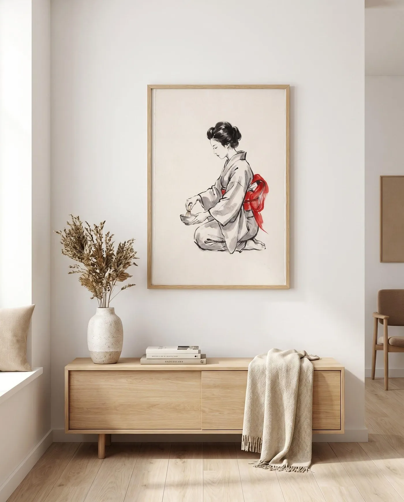 Japanese Wall Art | Japandi Tea Ceremony Kimono Sumi-e Ink Print | Black and White Zen Decor | Digital Download