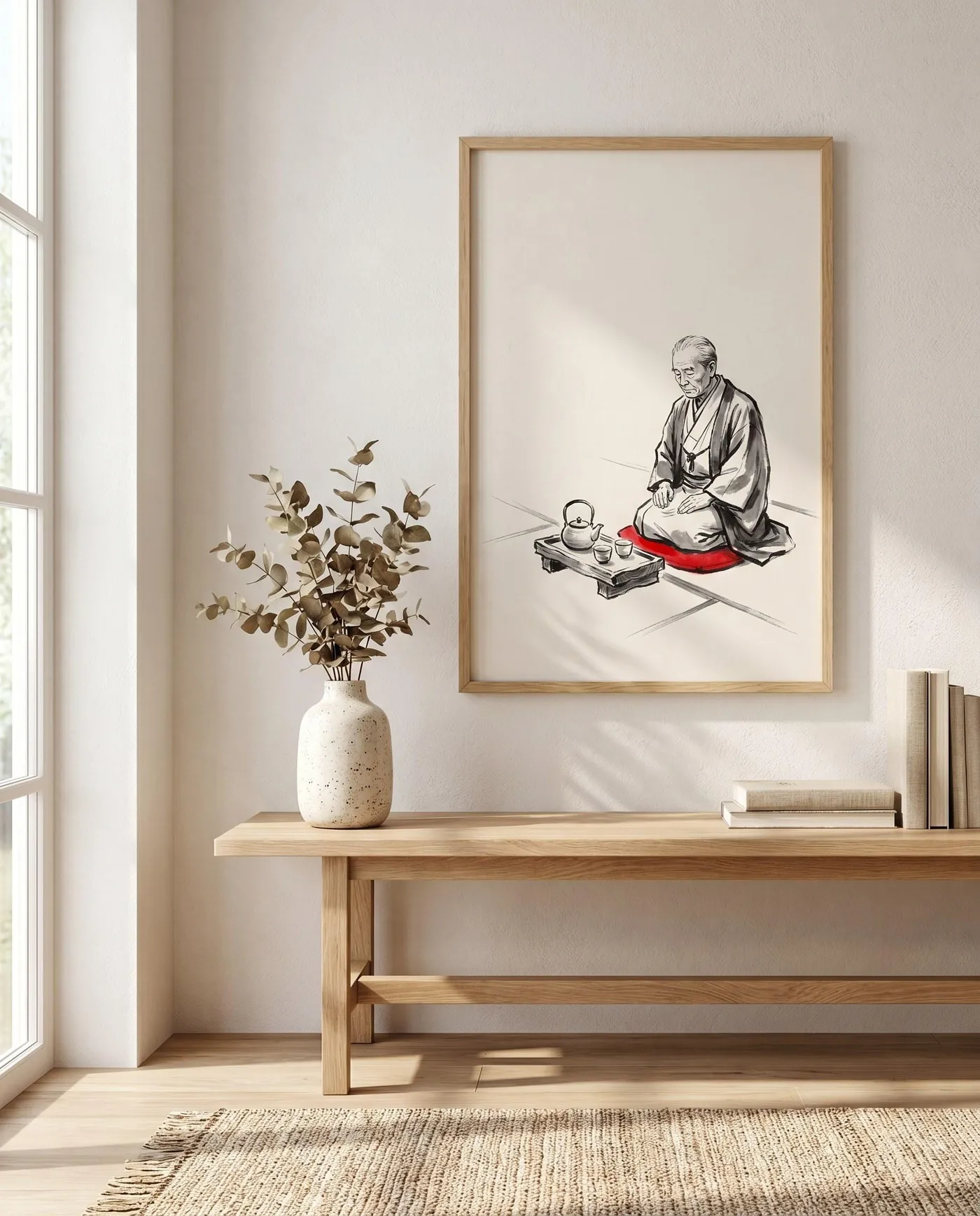 Japanese Wall Art | Japandi Home Tea Master Sumi-e Ink Print | Black and White Zen Decor | Digital Download