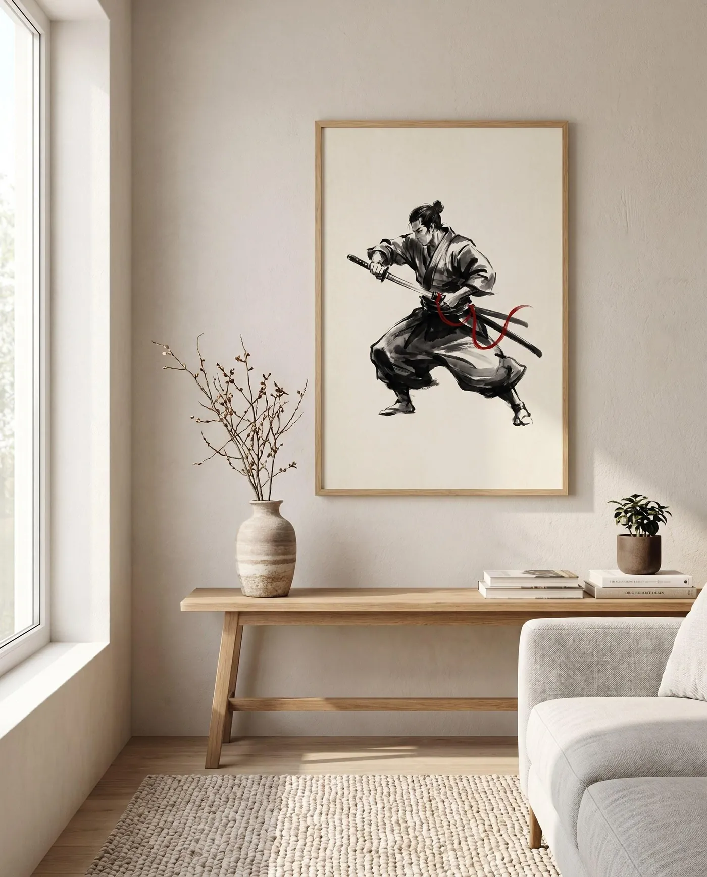 Samurai Wall Art | Red Japandi Iaido Sword Sumi-e Ink Print | Black and White Zen Decor | Digital Download