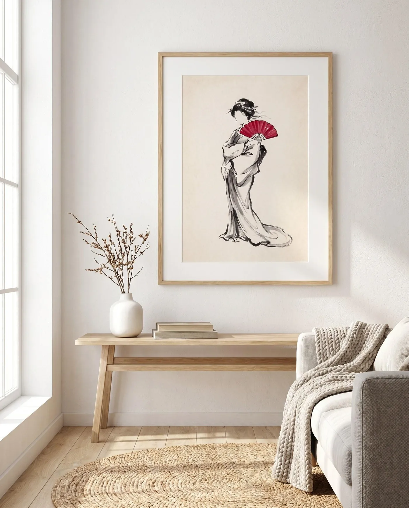 Kimono Woman Fan Ink Print | Black White Red Japandi Zen Decor (Digital Download)