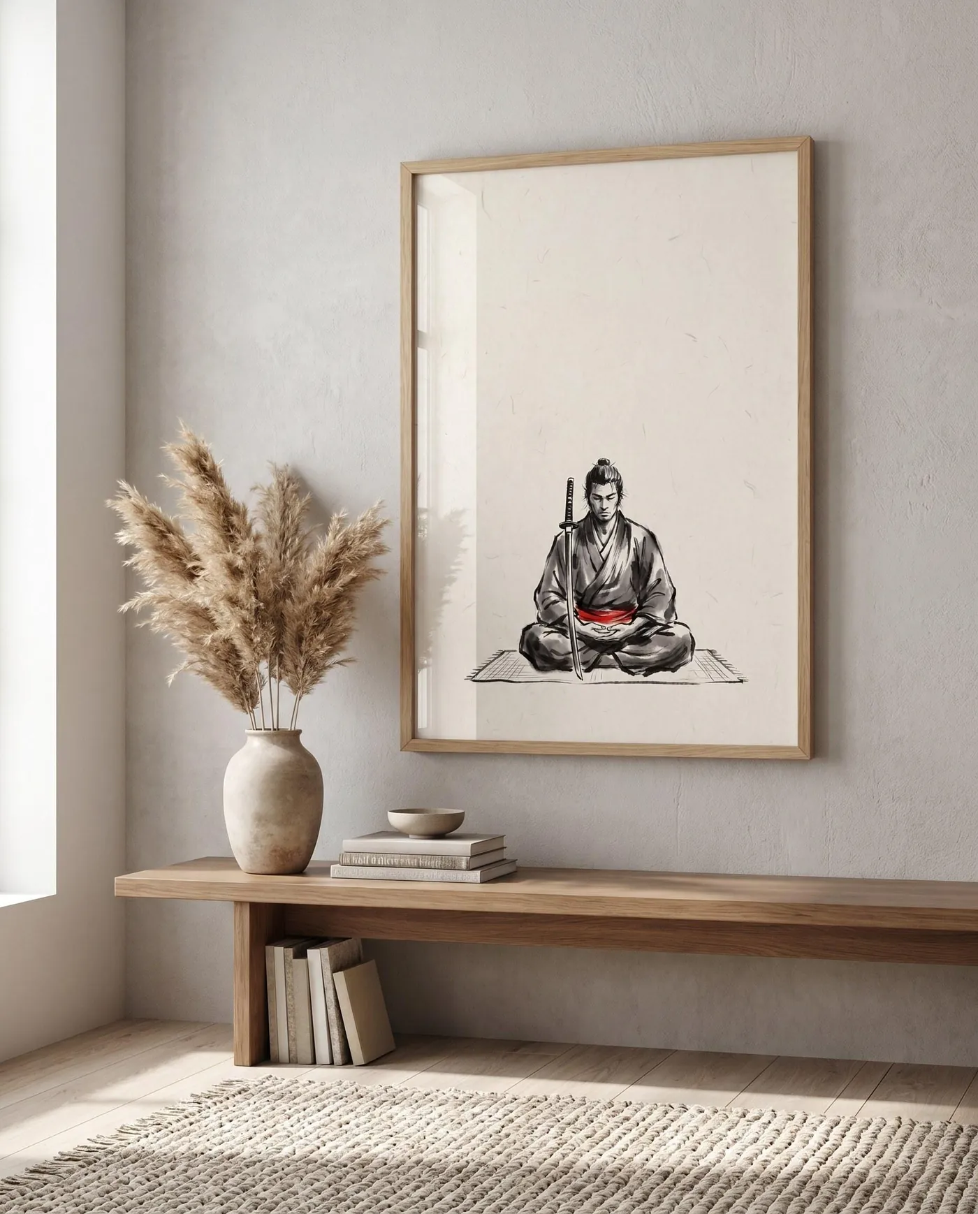Samurai Wall Art | Red Japandi Meditation Sumi-e Ink Print | Black and White Zen Decor | Digital Download