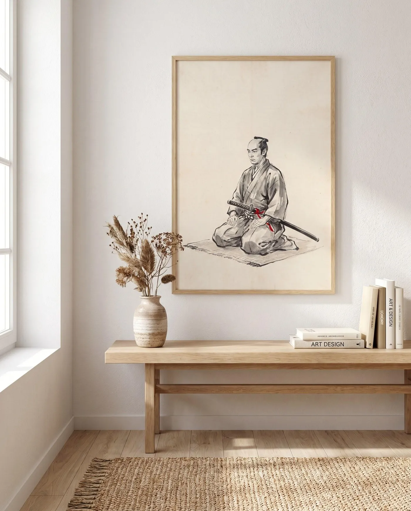 Samurai Wall Art | Red Seiza Katana Japandi Sumi-e Ink Print | Black and White Zen Decor | Digital Download