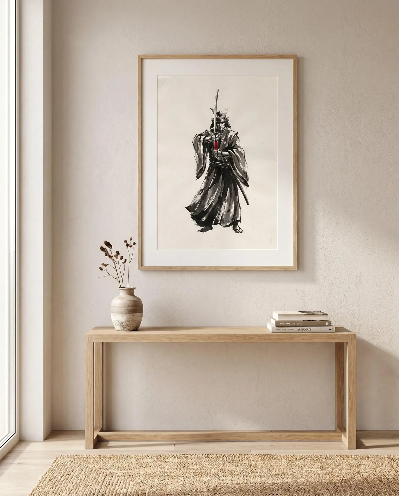 Samurai Wall Art | Red Standing Katana Japandi Sumi-e Ink Print | Black and White Zen Decor | Digital Download