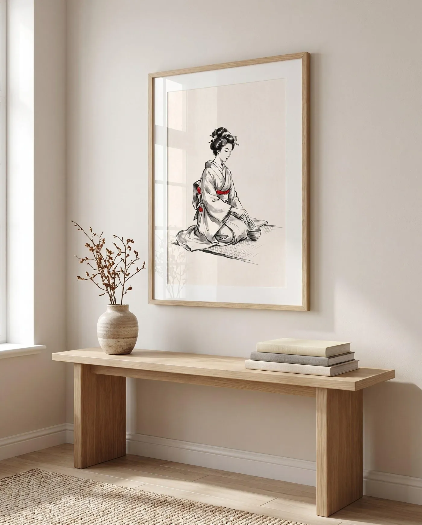 Japanese Wall Art | Red Geisha Tea Ceremony Sumi-e Ink Print | Black and White Zen Decor | Digital Download