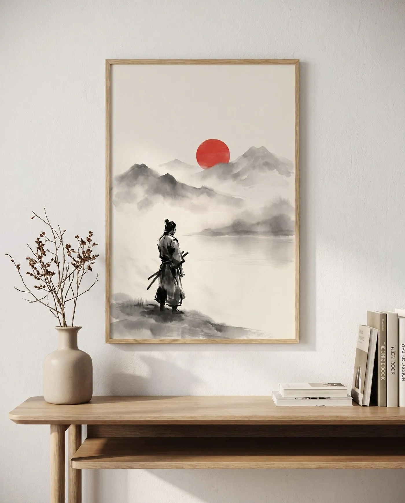 Samurai Wall Art | Japandi Lake Dawn Red Sumi-e Ink Print | Black and White Zen Decor | Digital Download | Printable Wall Art