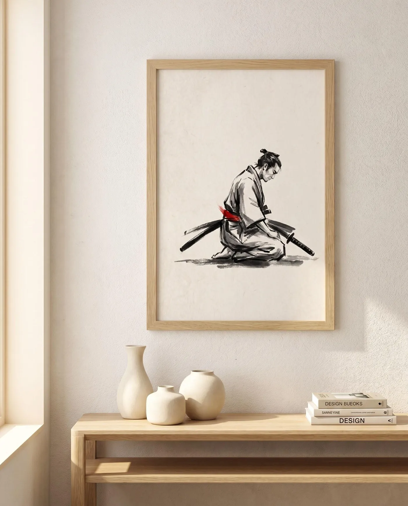 Samurai Wall Art | Red Bowing Honor Japandi Sumi-e Ink Print | Black and White Zen Decor | Digital Download
