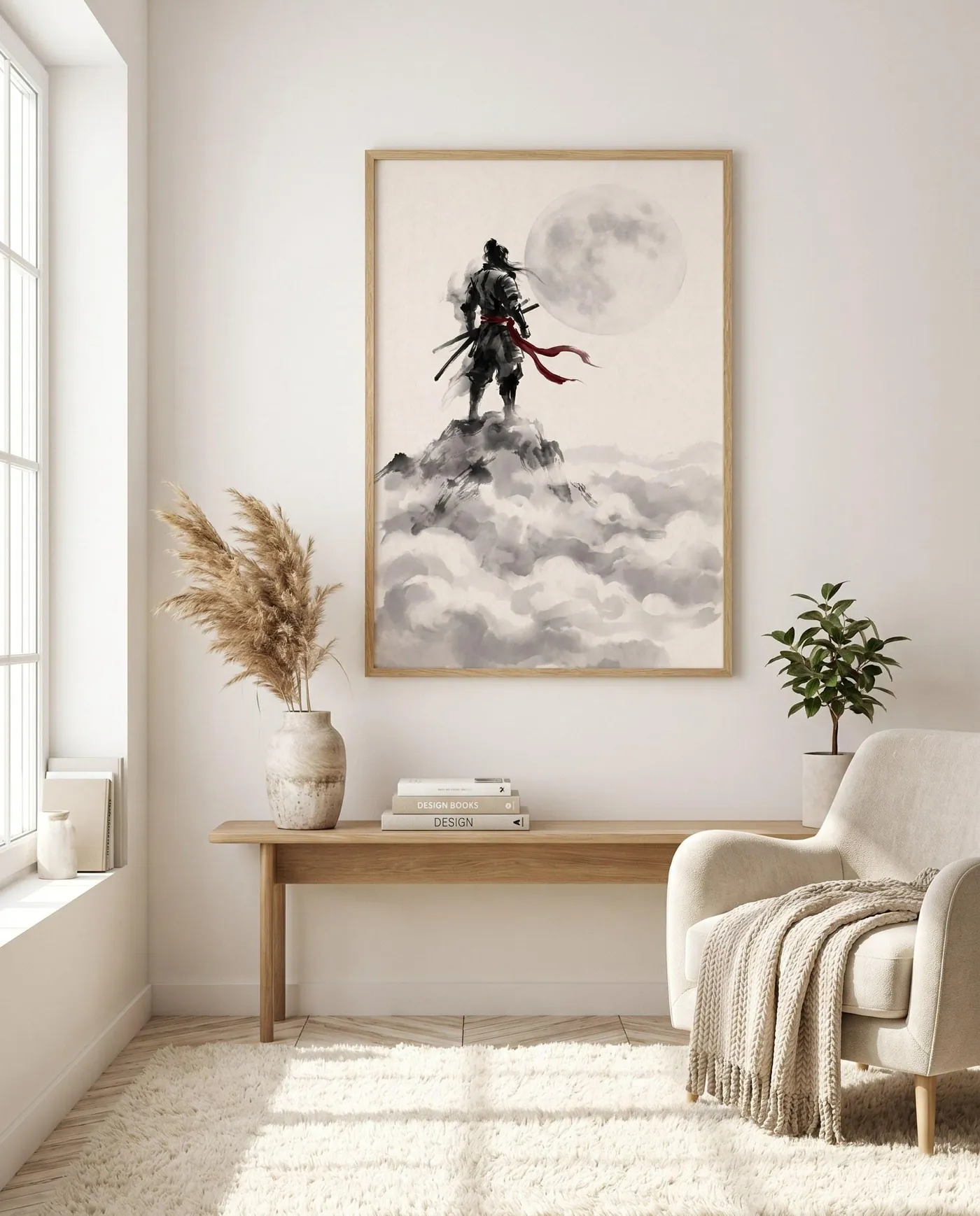 Japanese Wall Art | Red Warrior Peak Moon Sumi-e Ink Print | Black and White Zen Decor | Digital Download | Printable Wall Art