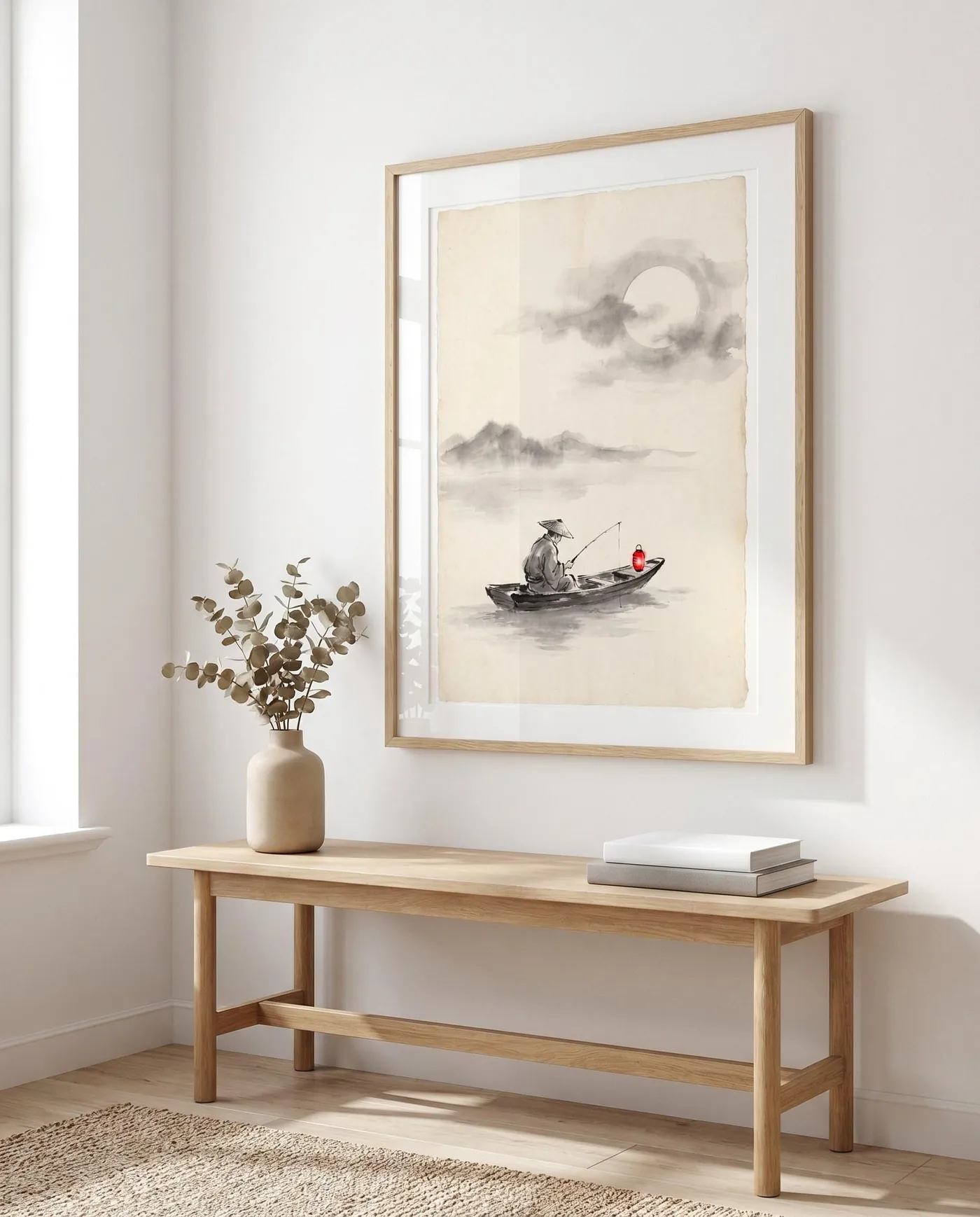 Japanese Landscape Art | Red Japandi Fisherman Lake Sumi-e Ink Print | Black and White Zen Decor | Digital Download