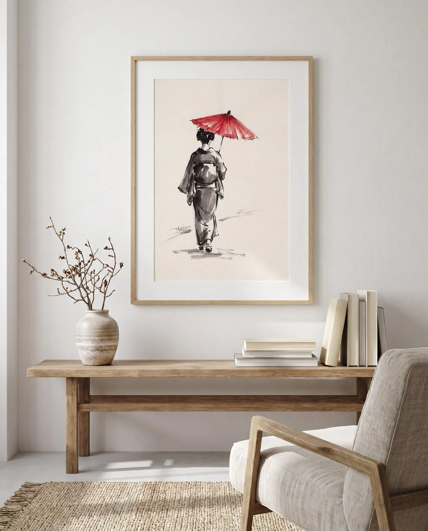 Kimono Woman Parasol Ink Print | Red Minimalist Japandi Wall Art (Digital Download)