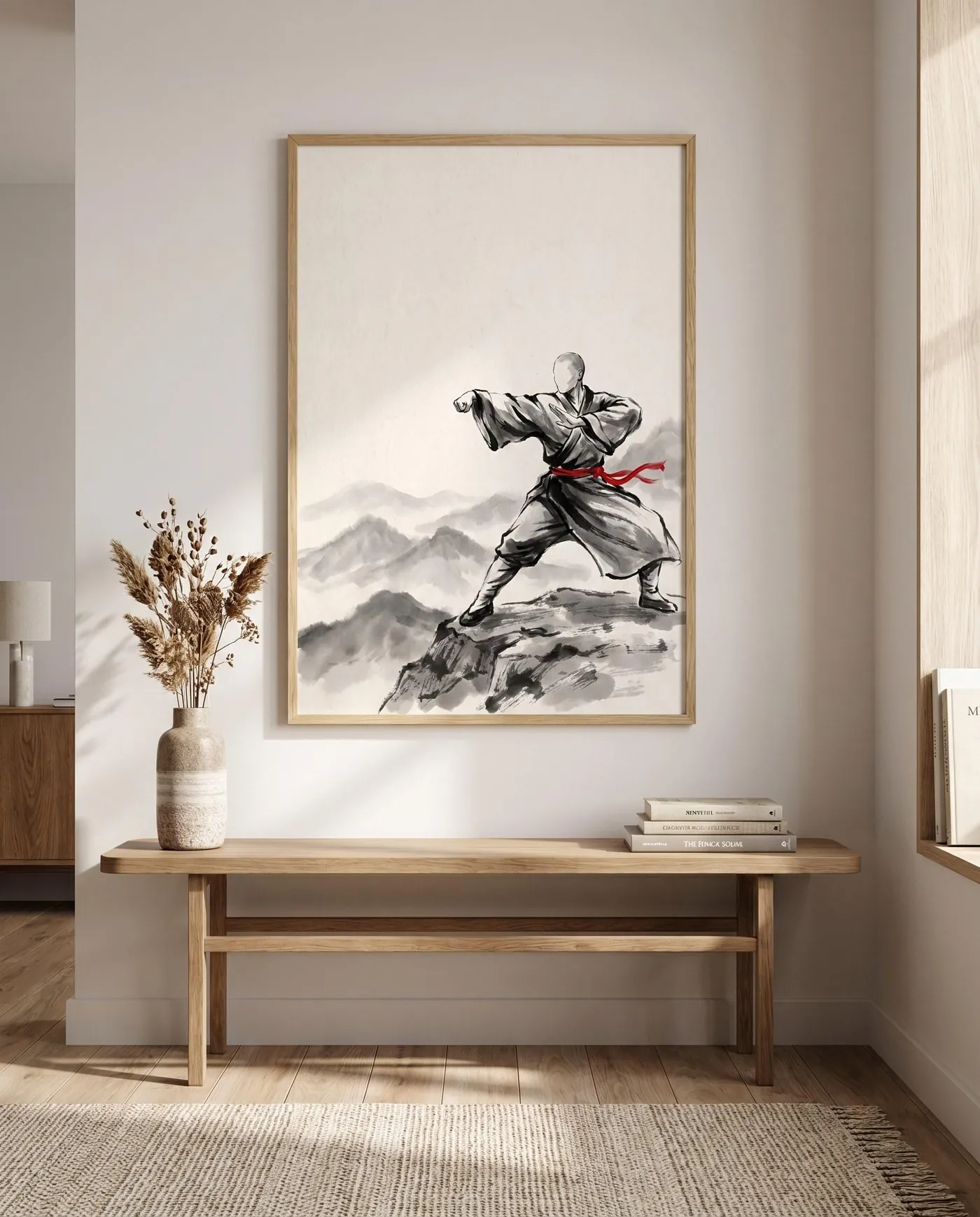 Japanese Landscape Art | Red Martial Arts Kung Sumi-e Ink Print | Black and White Zen Decor | Digital Download