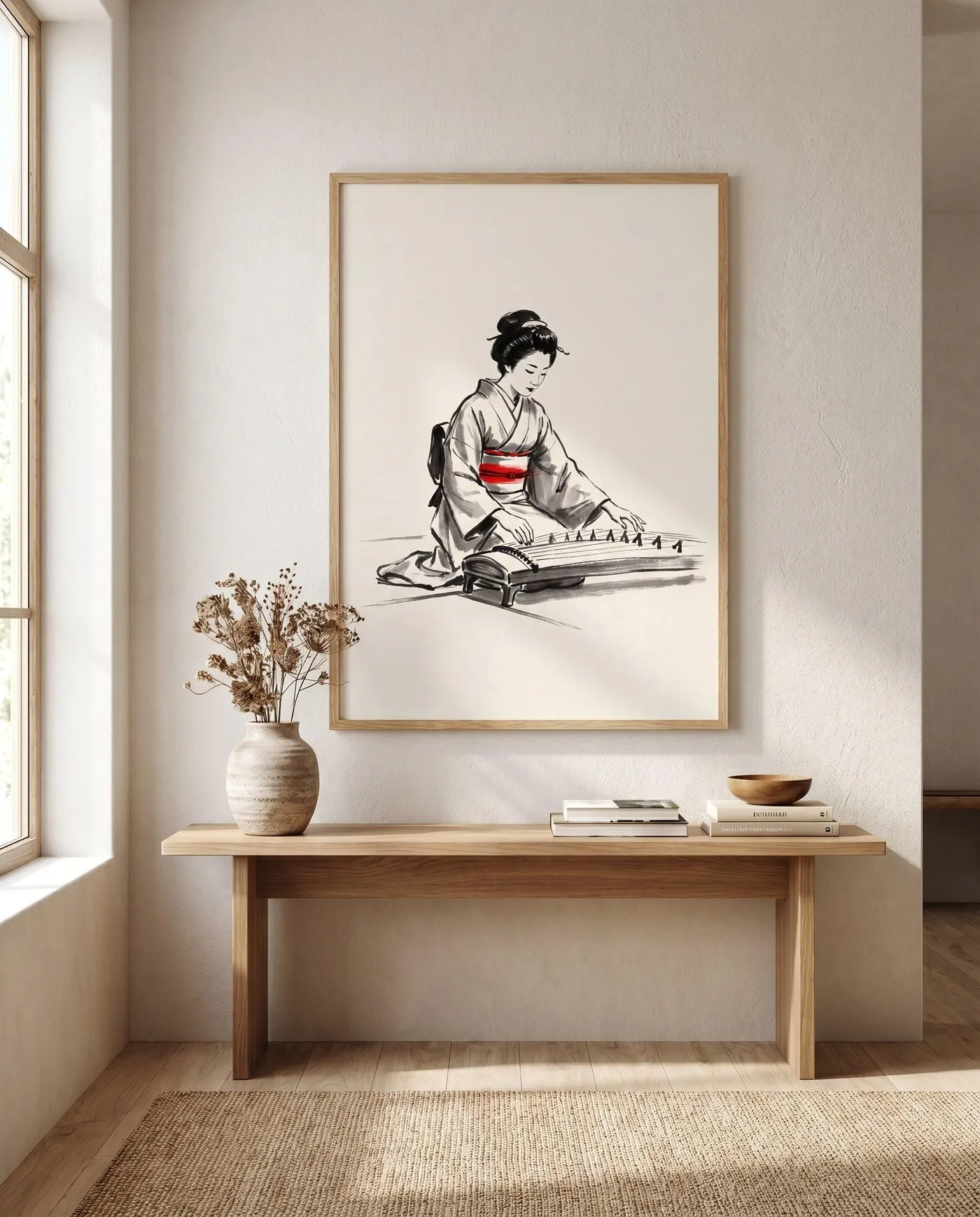 Japanese Wall Art | Red Japandi Woman Playing Sumi-e Ink Print | Black and White Zen Decor | Digital Download