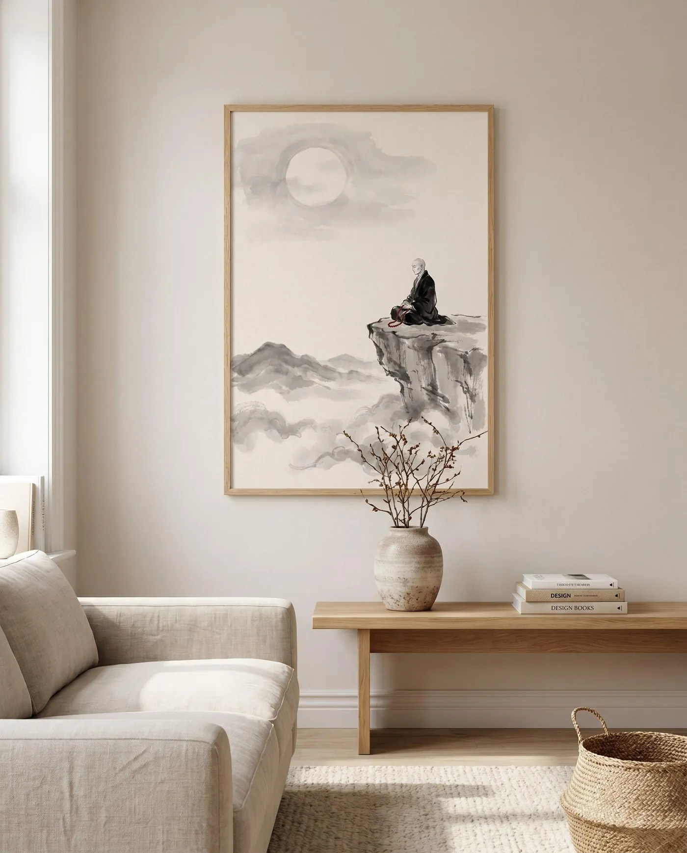 Japanese Landscape Art | Moon Japandi Monk Meditation Sumi-e Ink Print | Black and White Zen Decor | Digital Download