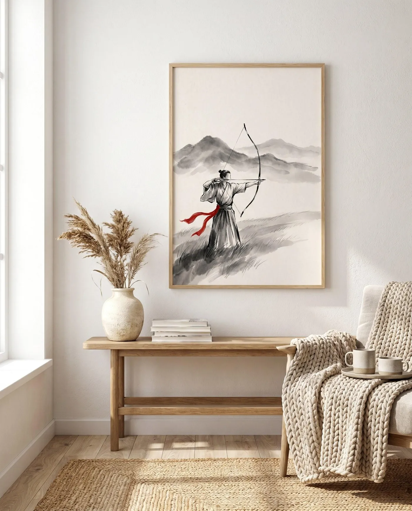 Japanese Wall Art | Red Kyudo Archer Mountains Sumi-e Ink Print | Black and White Zen Decor | Digital Download