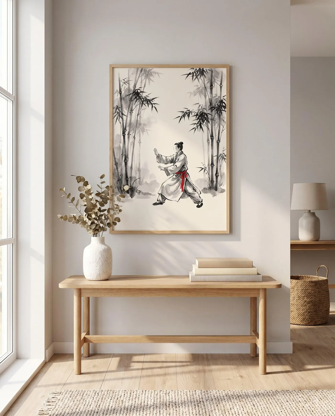 Botanical Wall Art | Red Tai Chi Bamboo Sumi-e Ink Print | Black and White Zen Decor | Digital Download | Printable Wall Art