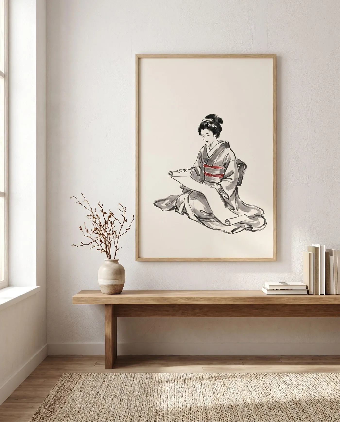 Kimono Woman Reading Ink Art | Black White Red Japandi Wall Decor (Digital Download)