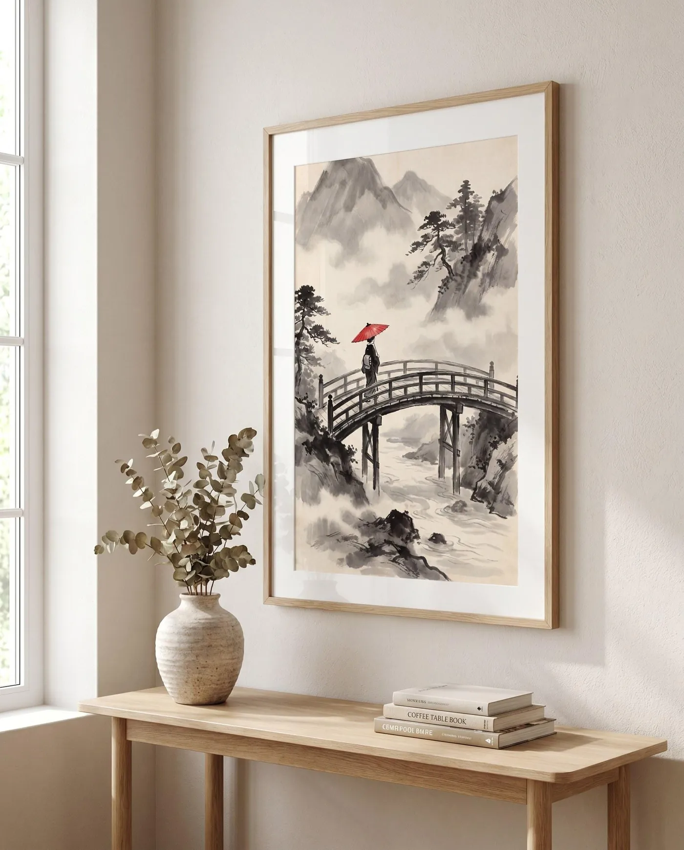 Japanese Landscape Art | Red Traveler Bridge Mist Sumi-e Ink Print | Black and White Zen Decor | Digital Download