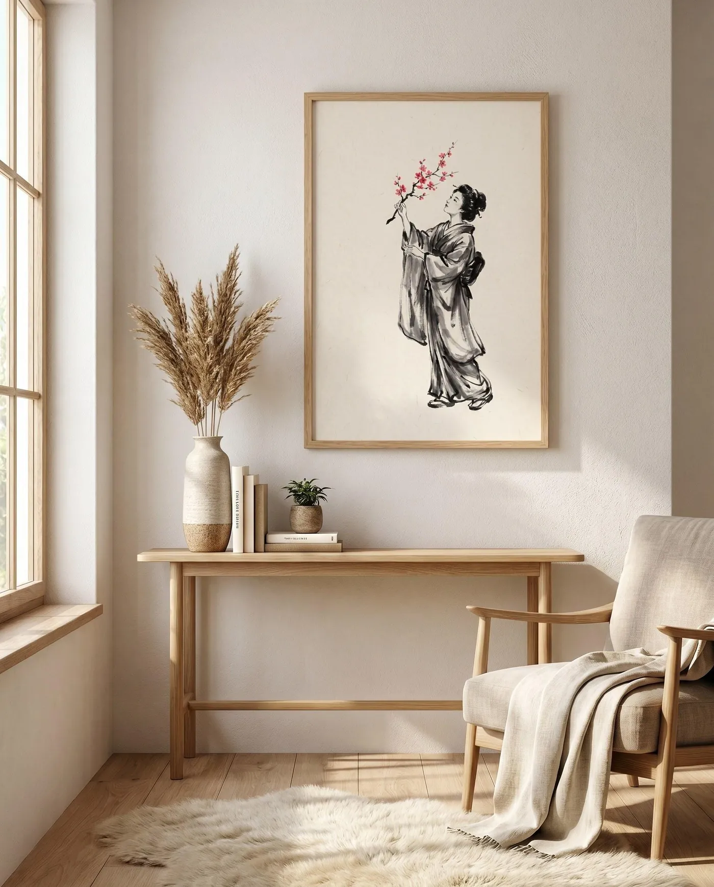 Botanical Wall Art | Japandi Kimono Woman Cherry Sumi-e Ink Print | Black and White Zen Decor | Digital Download
