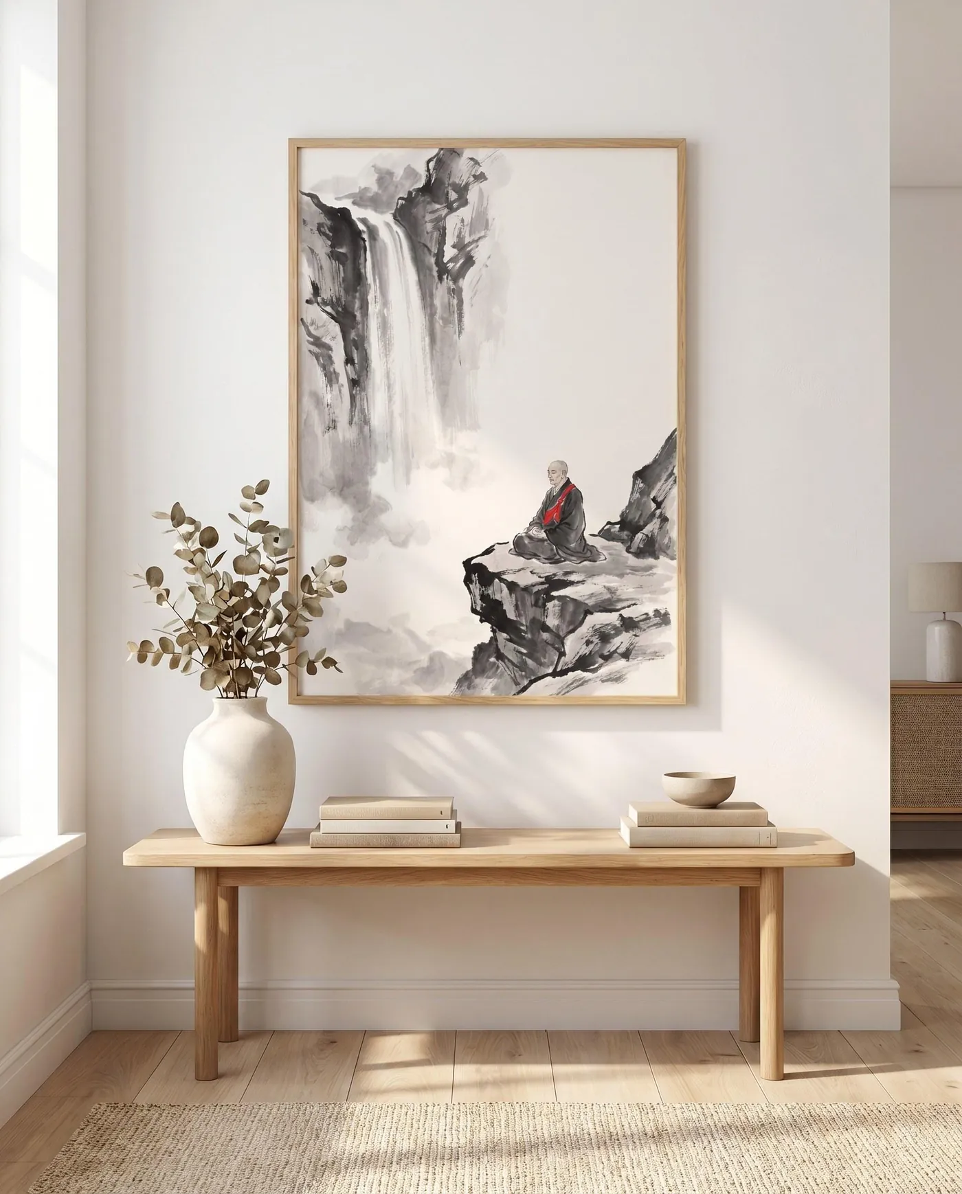 Japanese Landscape Art | Red Monk Waterfall Meditation Sumi-e Ink Print | Black and White Zen Decor | Digital Download