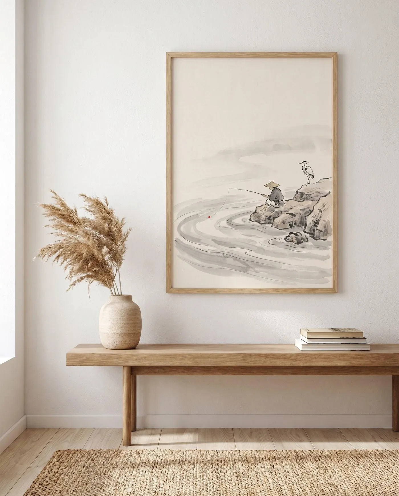 Koi Fish Wall Art | Red Angler River Heron Sumi-e Ink Print | Black and White Zen Decor | Digital Download