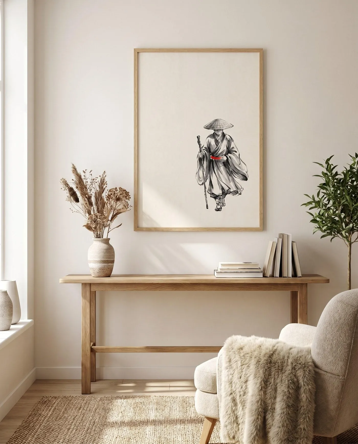 Japanese Wall Art | Red Monk Staff Sumi-e Ink Print | Black and White Zen Decor | Digital Download | Printable Wall Art