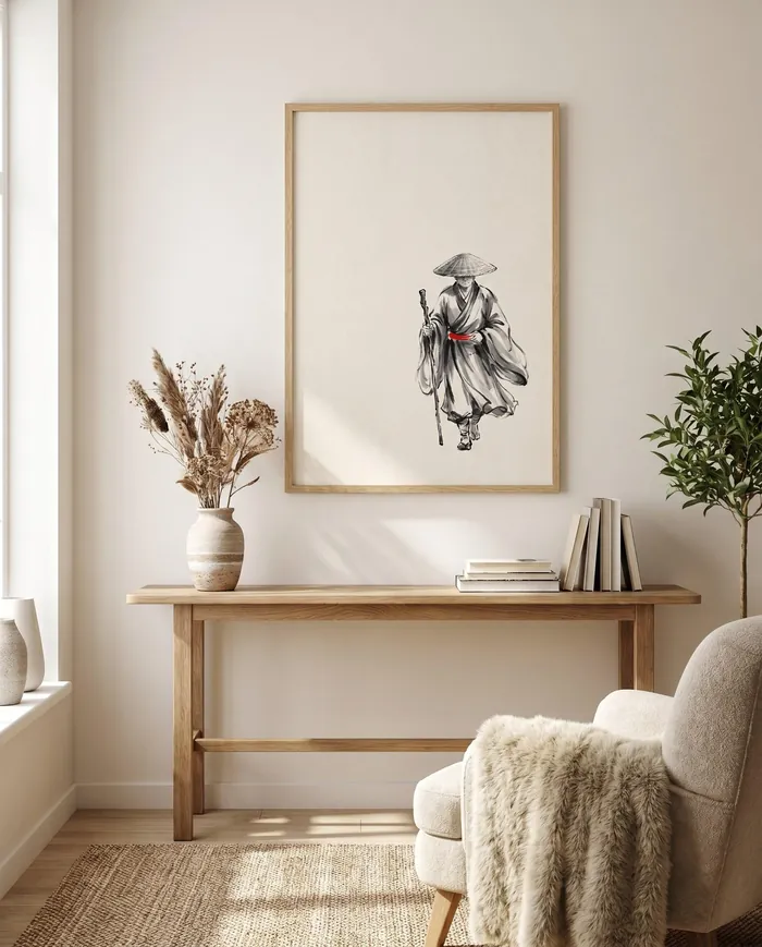 Japanese Wall Art | Red Monk Staff Sumi-e Ink Print | Black and White Zen Decor | Digital Download | Printable Wall Art