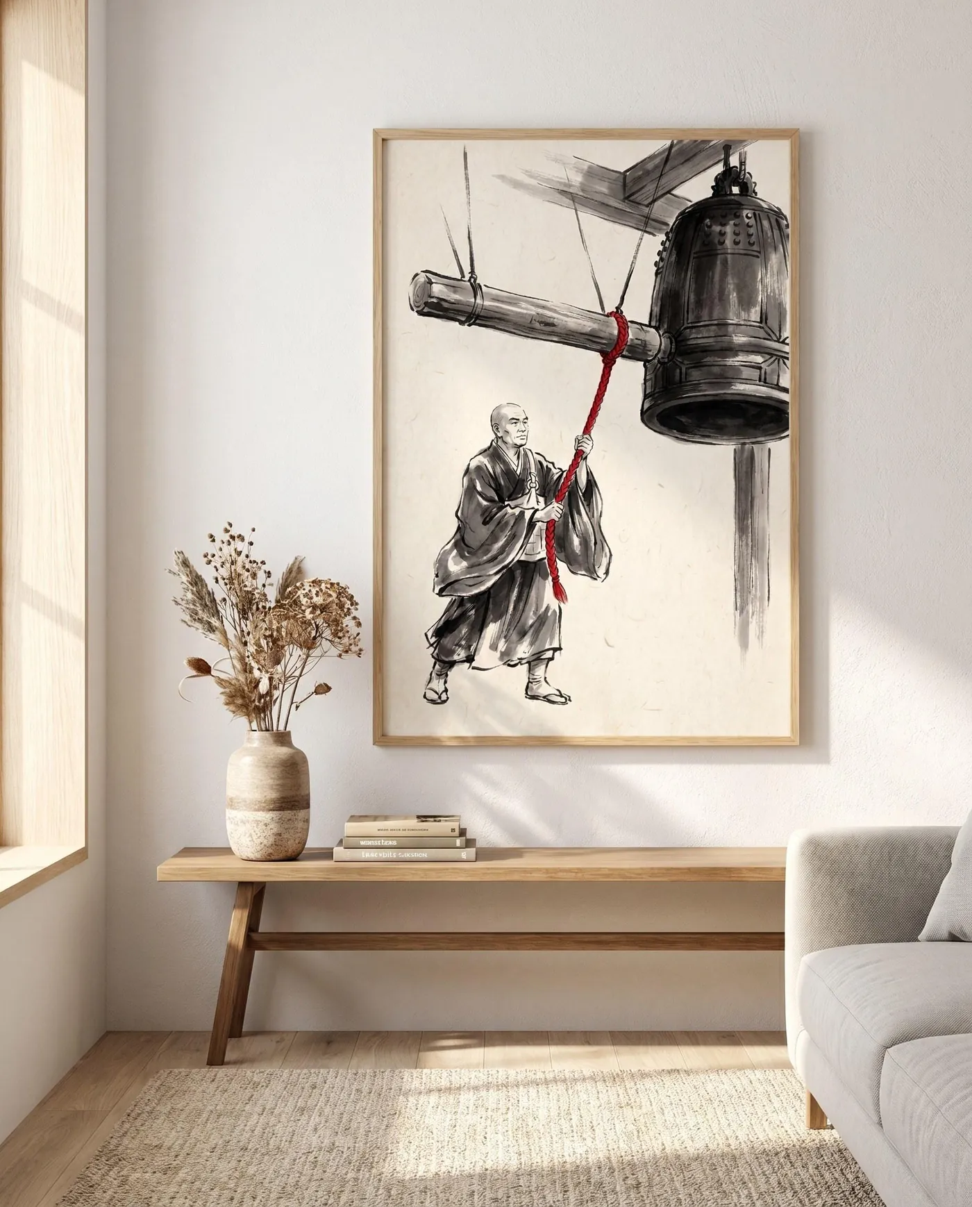 Japanese Wall Art | Red Monk Temple Bell Sumi-e Ink Print | Black and White Zen Decor | Digital Download | Printable Wall Art