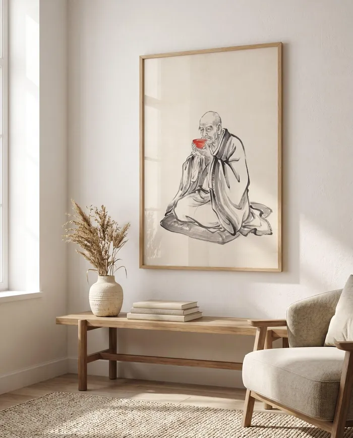 Japanese Wall Art | Japandi Old Monk Tea Sumi-e Ink Print | Black and White Zen Decor | Digital Download | Printable Wall Art
