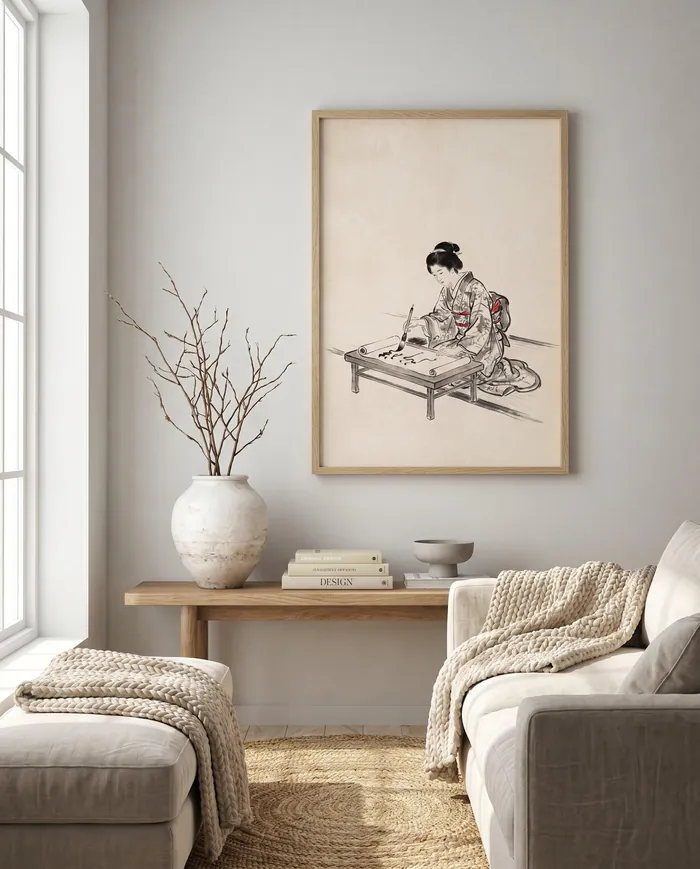 Japanese Wall Art | Red Woman Calligraphy Japandi Sumi-e Ink Print | Black and White Zen Decor | Digital Download