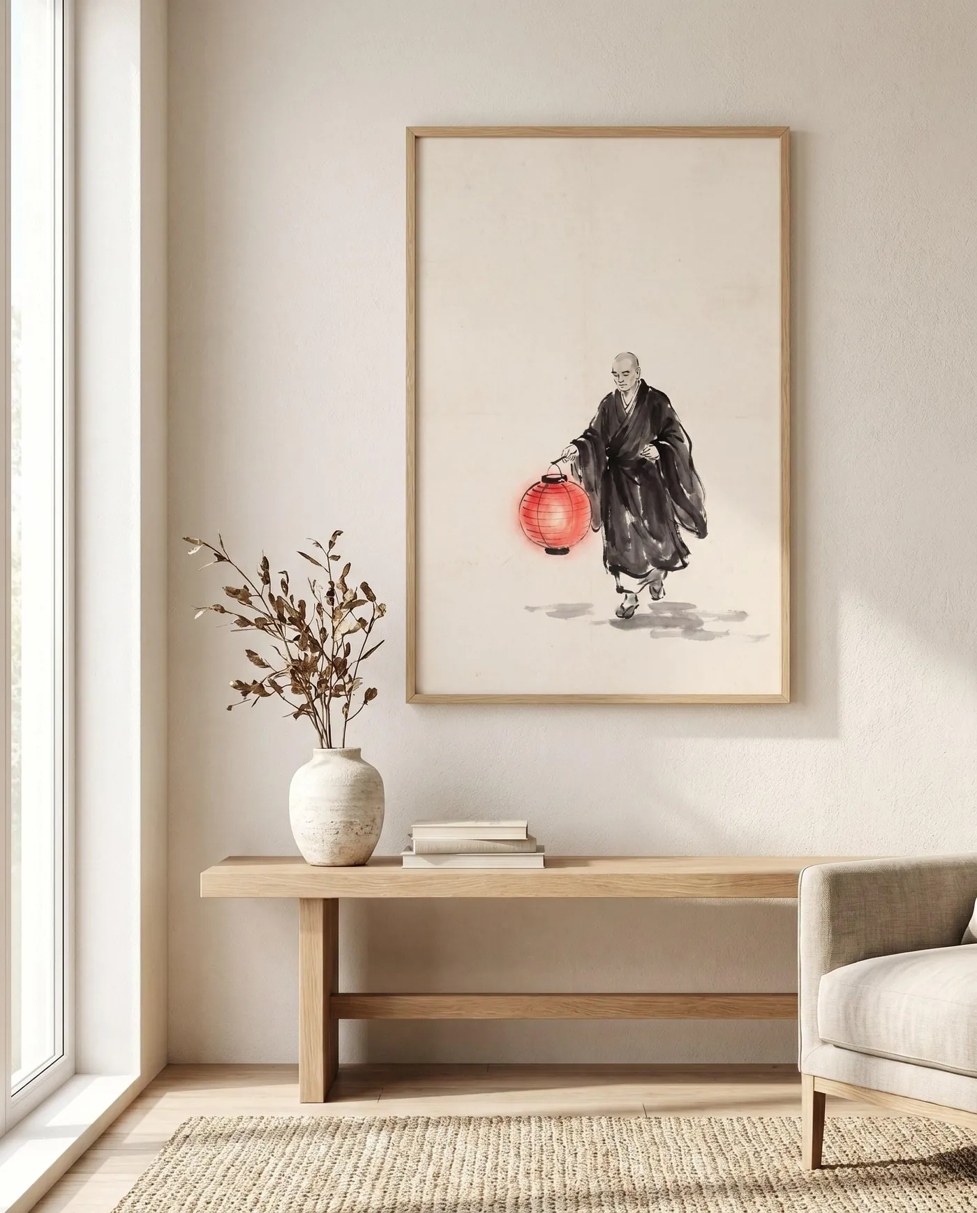 Japanese Wall Art | Japandi Monk Lantern Night Sumi-e Ink Print | Black and White Zen Decor | Digital Download