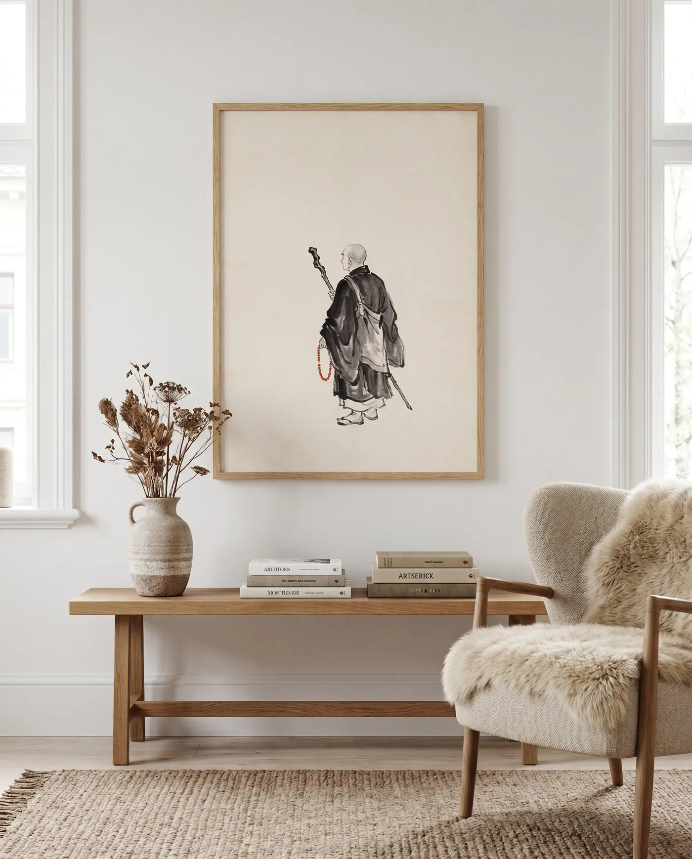 Japanese Wall Art | Red Japandi Monk Standing Sumi-e Ink Print | Black and White Zen Decor | Digital Download