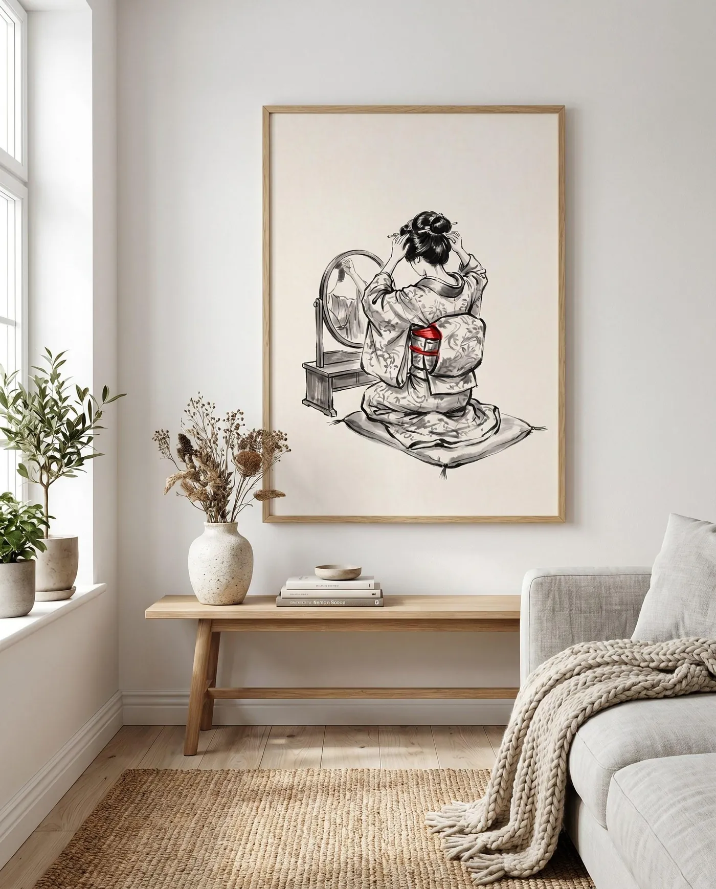 Japanese Wall Art | Red Geisha Mirror Japandi Sumi-e Ink Print | Black and White Zen Decor | Digital Download