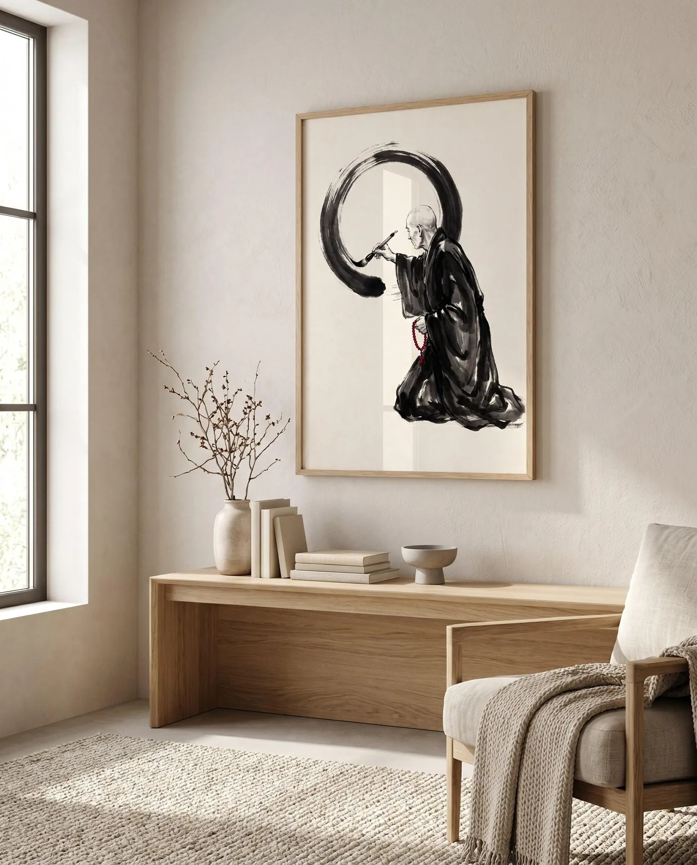 Japanese Wall Art | Red Monk Enso Calligraphy Sumi-e Ink Print | Black and White Zen Decor | Digital Download
