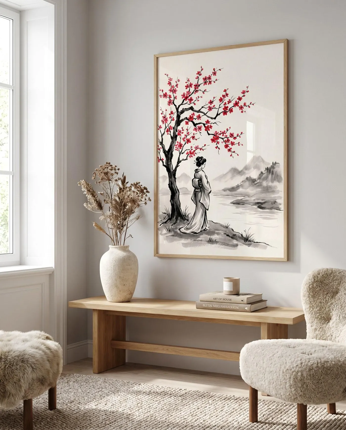 Botanical Wall Art | Red Japandi Woman Cherry Sumi-e Ink Print | Black and White Zen Decor | Digital Download