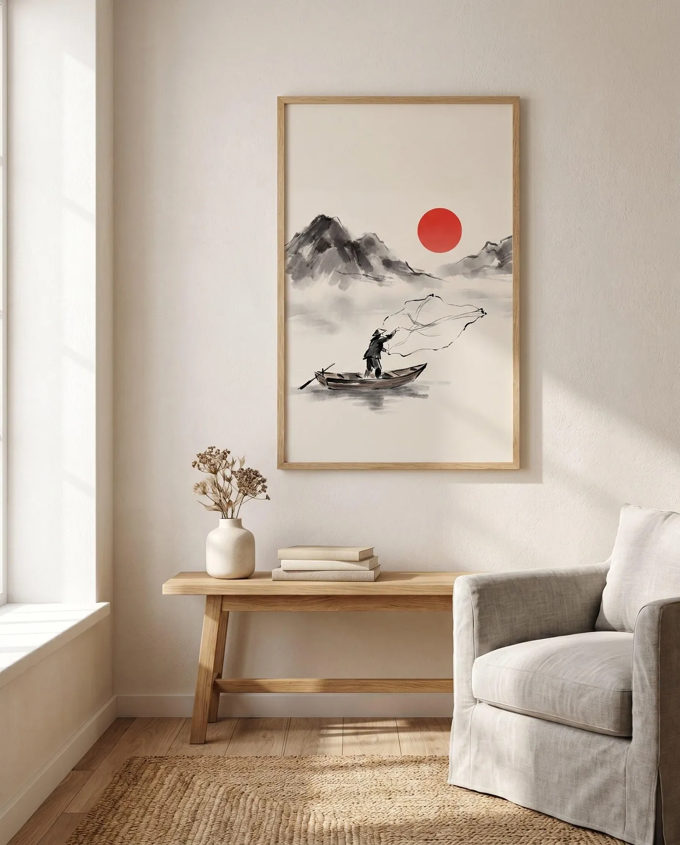 Japanese Wall Art | Dawn Wash Fisherman Casting Sumi-e Ink Print | Black and White Zen Decor | Digital Download