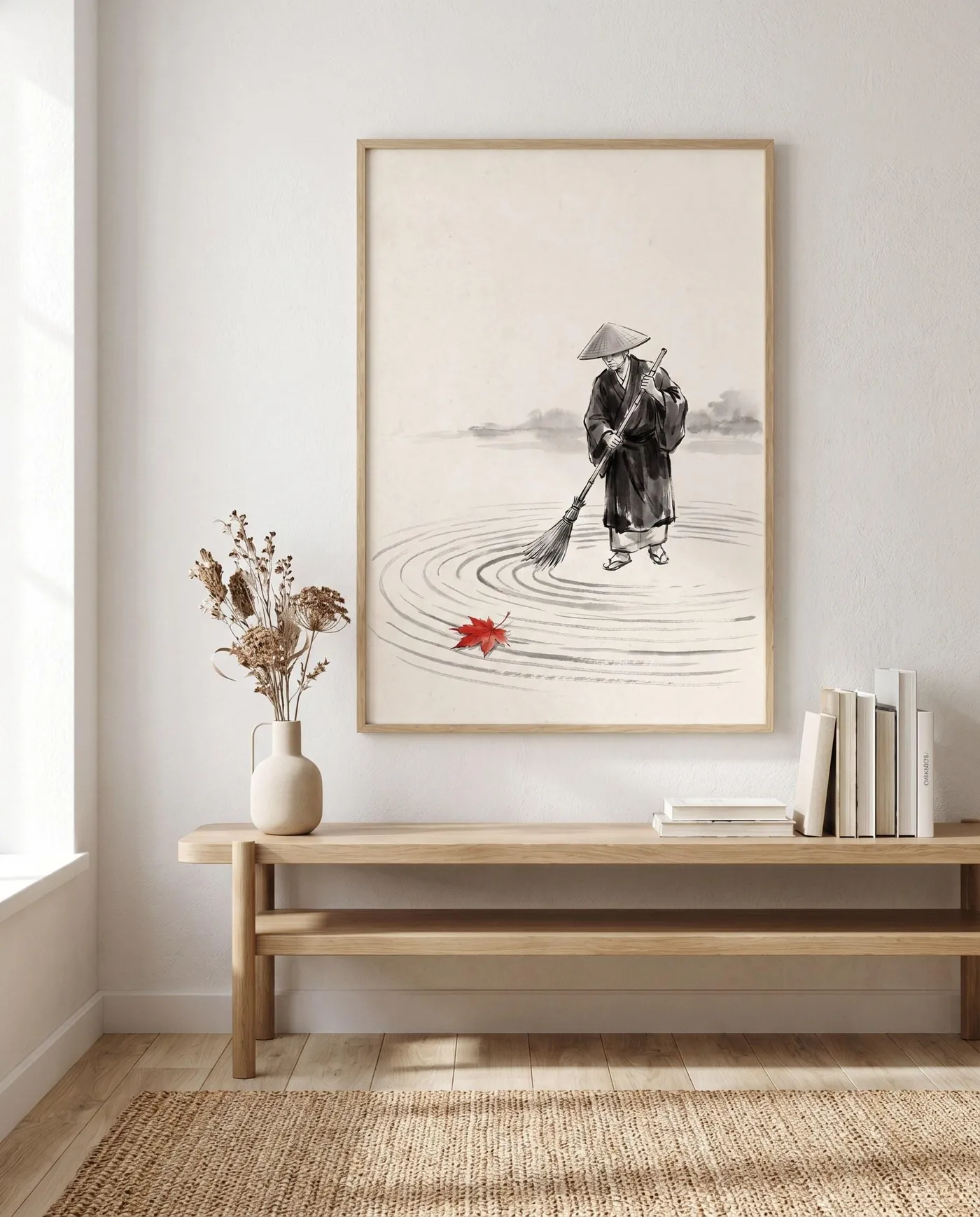 Japanese Wall Art | Red Monk Garden Sweeping Sumi-e Ink Print | Black and White Zen Decor | Digital Download