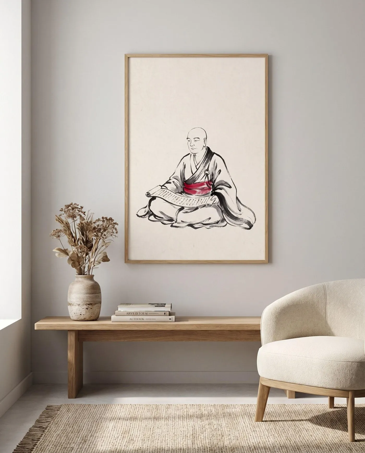 Japanese Wall Art | Red Monk Reading Sutra Sumi-e Ink Print | Black and White Zen Decor | Digital Download