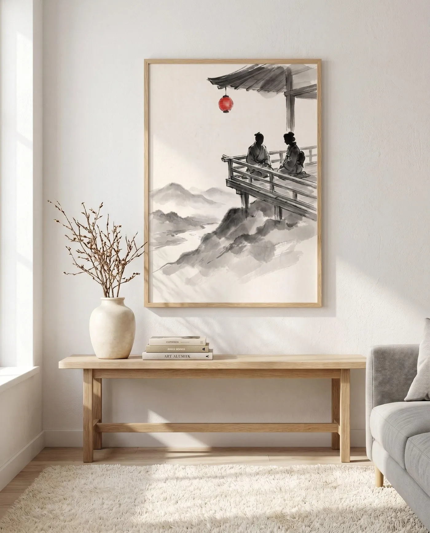 Japanese Landscape Art | Red Lantern Tea Veranda Sumi-e Ink Print | Black and White Zen Decor | Digital Download