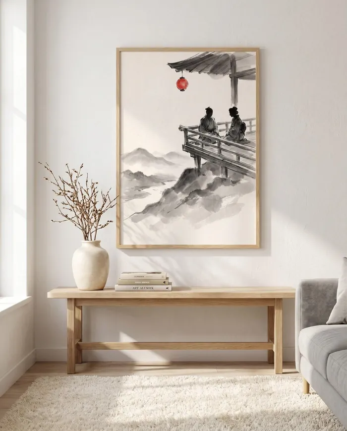 Japanese Landscape Art | Red Lantern Tea Veranda Sumi-e Ink Print | Black and White Zen Decor | Digital Download